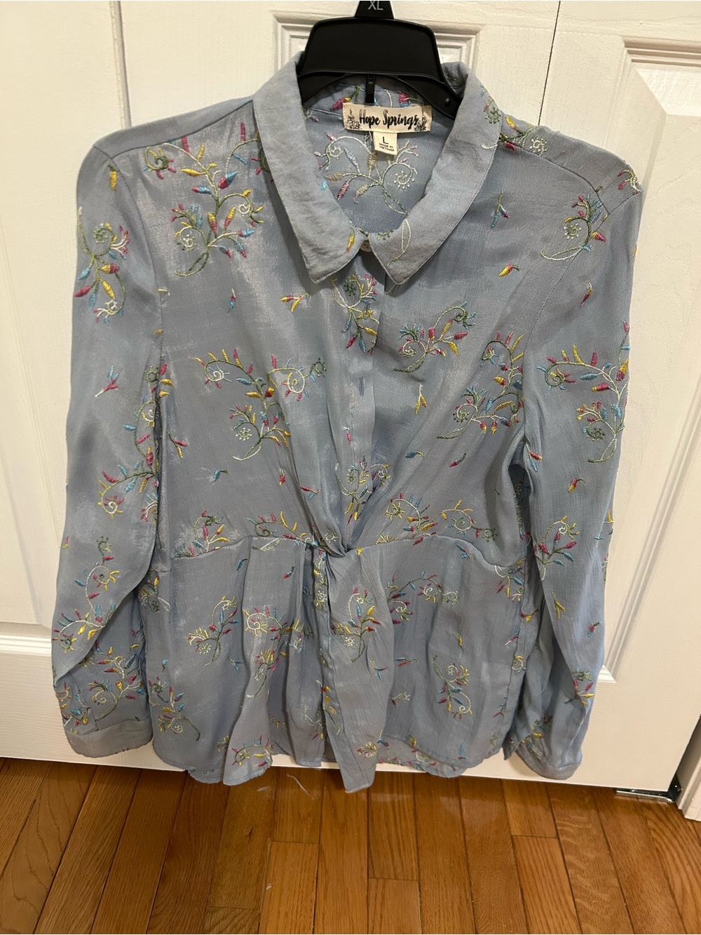 Hope Springs Light Blue Embroidered Tie-Front Blouse